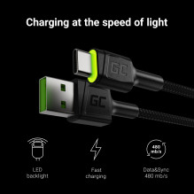 Green Cell Cable Ray USB Cable - USB-C 120cm with green LED backlight and support fast charging Ultra Charge, QC 3.0