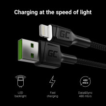 Green Cell Cable Ray USB-A - Lightning White LED 200cm with support for Apple 2.4A fast charging