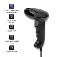 Barcode Scanner - Qoltec 50866 Laser, Black