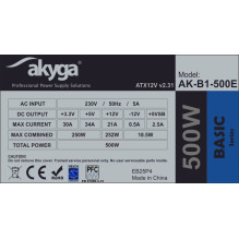Power Supply - Akyga AK-B1-500E 500 W 20+4 Pin, Gray Power Supply - Akyga AK-B1-500E 500 W 20+4 Pin, Gray