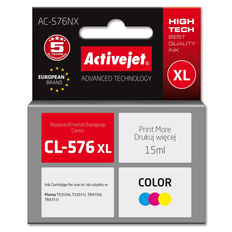 Rašalo Kasetė - Activejet AC-576NX Pakeitimas Canon CL-576XL 15ml Spalvota