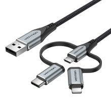 Cable - Vention USB 2.0 AM to 3-in-1 Micro-B, USB-C, Lightning 1M Gray