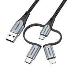 Kabelis - Vention USB 2.0 A M į 3-in-1 Micro-B, USB-C, Lightning 1M Pilkas