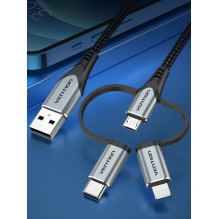 Kabelis - Vention USB 2.0 A M į 3-in-1 Micro-B, USB-C, Lightning 1M Pilkas