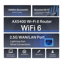 Belaidis maršrutizatorius, TP-LINK, belaidis maršrutizatorius, 5400 Mbps, Wi-Fi 6, IEEE 802.11a, IEEE 802.11 b / g, IEEE
