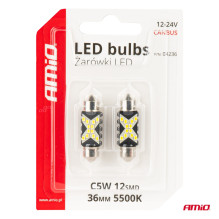 LED CANBUS lemputės Festoon C5W 12SMD 2016 36mm baltos 12V 24V AMIO-04236 LED CANBUS lemputės Festoon C5W 12SMD 2016 36mm baltos 12V 24V AMIO-04236