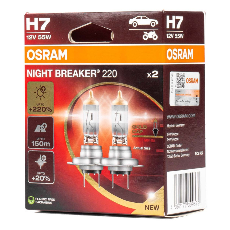 Osram H7 12V 55W PX26d NIGHT BREAKER halogeninės lemputės +220% 2 vnt.
