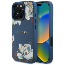 Guess Grained Printed Flower Pattern MagSafe dėklas iPhone 16 Pro mėlynas