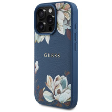 Guess Grained Printed Flower Pattern MagSafe dėklas iPhone 16 Pro mėlynas