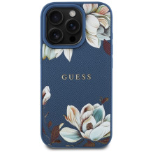 Guess Grained Printed Flower Pattern MagSafe dėklas iPhone 16 Pro mėlynas