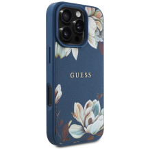 Guess Grained Printed Flower Pattern MagSafe case for iPhone 16 Pro blue