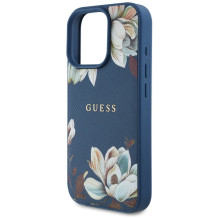 Guess Grained Printed Flower Pattern MagSafe dėklas iPhone 16 Pro mėlynas