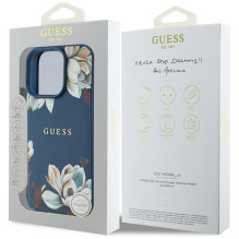 Guess Grained Printed Flower Pattern MagSafe dėklas iPhone 16 Pro mėlynas