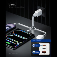 „Spigen Essential EE673EU“ 3 prievadų 67 W sieninis įkroviklis – baltas