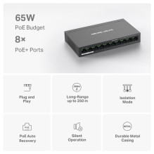 „Mercusys“ 10 prievadų 10 / 100 Mbps stalinis komutatorius su 8 prievadų „PoE+“ „Mercusys“ 10 prievadų 10 / 100 Mbps stalinis komutatorius su 8 prievadų „PoE+“
