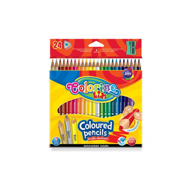 Spalvoti pieštukai Colorino Kids trikampiai 24 spalvų, su drožtuku