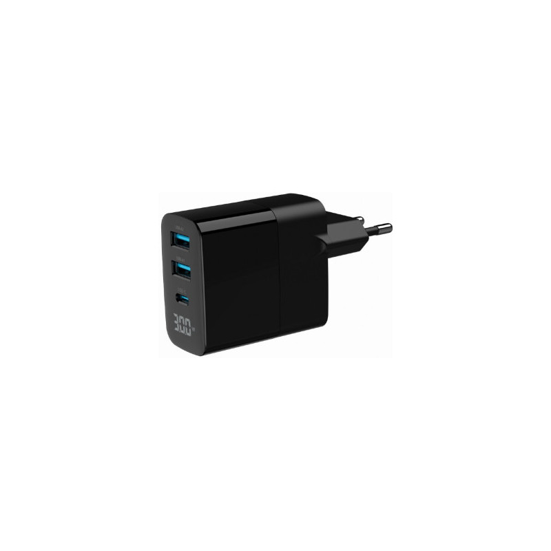 Įkroviklis Gembird 3 prievadų 30 W GaN USB greitasis įkroviklis LCD, juodas