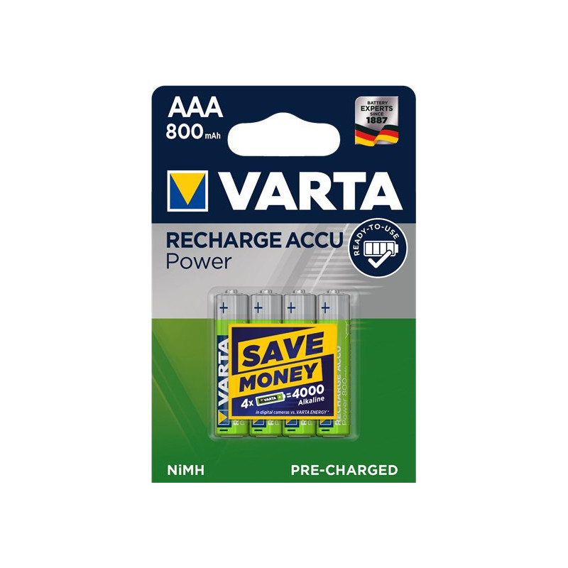 VARTA HR03 AAA įkraunamos baterijos 800 mAh 56703, 4 vnt., žalios