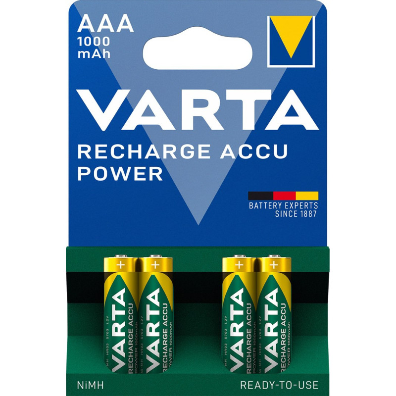 VARTA HR03 AAA įkraunamos baterijos 1000 mAh 05703, 4 vnt., žalia, geltona