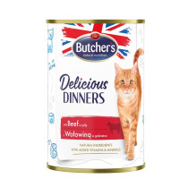 BUTCHER\'S Delicious Dinners jautienos gabaliukai drebučiuose - šlapias kačių ėdalas - 400 g