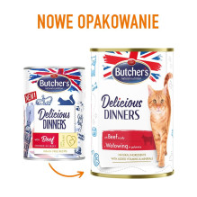 BUTCHER\'S Delicious Dinners jautienos gabaliukai drebučiuose - šlapias kačių ėdalas - 400 g