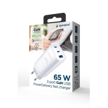 „Gembird TA-UC-PDQC65-01-W“ 3 prievadų 65 W „GaN USB PowerDelivery“ greitasis įkroviklis, baltas