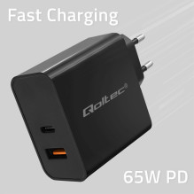 Qoltec 52380 Super Quick PD Charger , 1xUSB-C , 1xUSB , 65W , 5-20V , 1.5-3.25A , Black