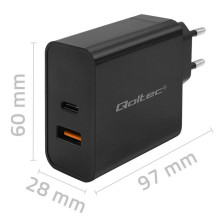 „Qoltec 52380“ itin greitas PD įkroviklis, 1xUSB-C, 1xUSB, 65 W, 5–20 V, 1,5–3,25 A, juodas