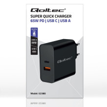 Qoltec 52380 Super Quick PD Charger , 1xUSB-C , 1xUSB , 65W , 5-20V , 1.5-3.25A , Black