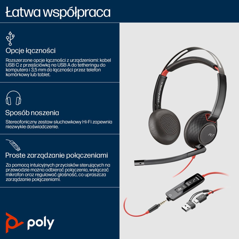POLY Blackwire C5220 USB-C ausinės + integruotas laidas