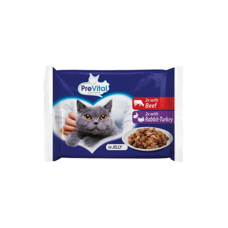 PREVITAL Beef and rabbit with turkey in jelly - wet cat food - 4 x 100g
