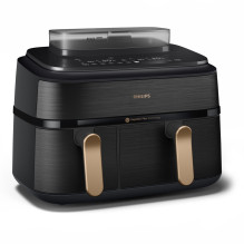 „Philips 5000“ serijos NA552/00 gruzdintuvė, dviguba, 9 l, atskira, 2750 W, karšto oro gruzdintuvė, juoda, auksinė