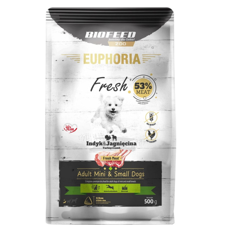 BIOFEED Euphoria Fresh Adult kalakutienos ir ėrienos sausas šunų ėdalas XS / S - 500 g
