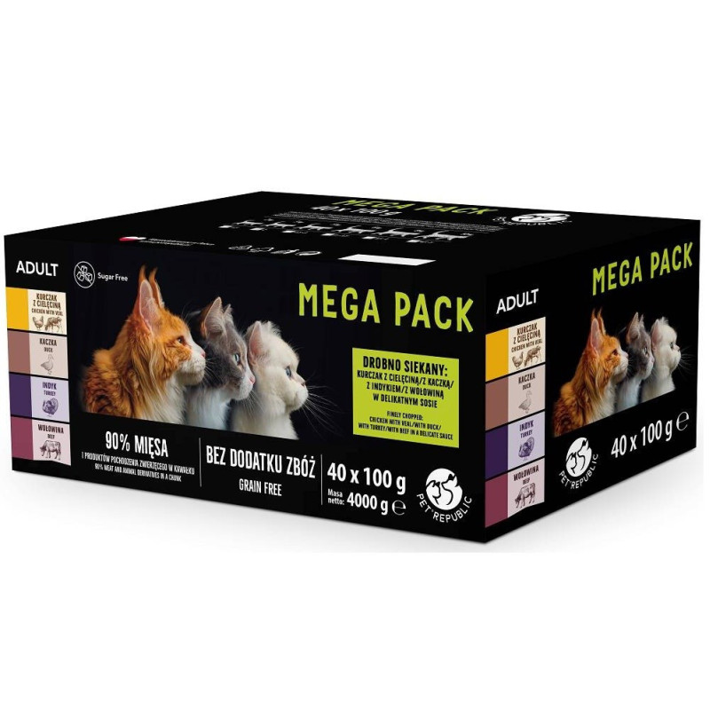 PETREPUBLIC Mega Pack vištienos su veršiena, antiena, kalakutiena, jautiena - šlapias kačių ėdalas - 40 x 100 g