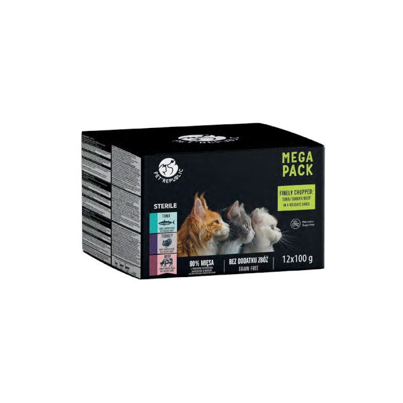 PETREPUBLIC Mega Pack Steril - šlapias kačių ėdalas su tunu, kalakutiena ir jautiena - 12 x 100 g