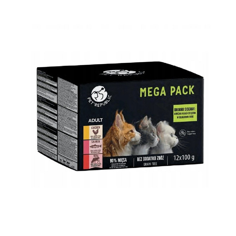 PETREPUBLIC Mega Pack vištienos, lašišos ir veršienos šlapias kačių ėdalas - 12 x 100 g