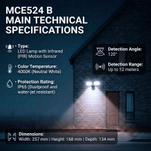 „Maclean“ LED sieninis šviestuvas su PIR jutikliu, 20 W, 1500 lm, IP65, neutrali balta 4000 K, juodas, MCE524 B
