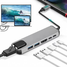 Gembird A-CM-COMBO5-06 USB Type-C 6 viename daugiaprievadis adapteris (AF ir Type-C šakotuvas + HDMI + PD+LAN)