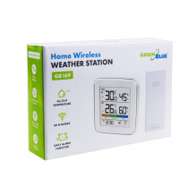 GreenBlue wireless weather station, temperature + humidity IN / OUT, clock + alarm + date, °C / °F selectable, range up 