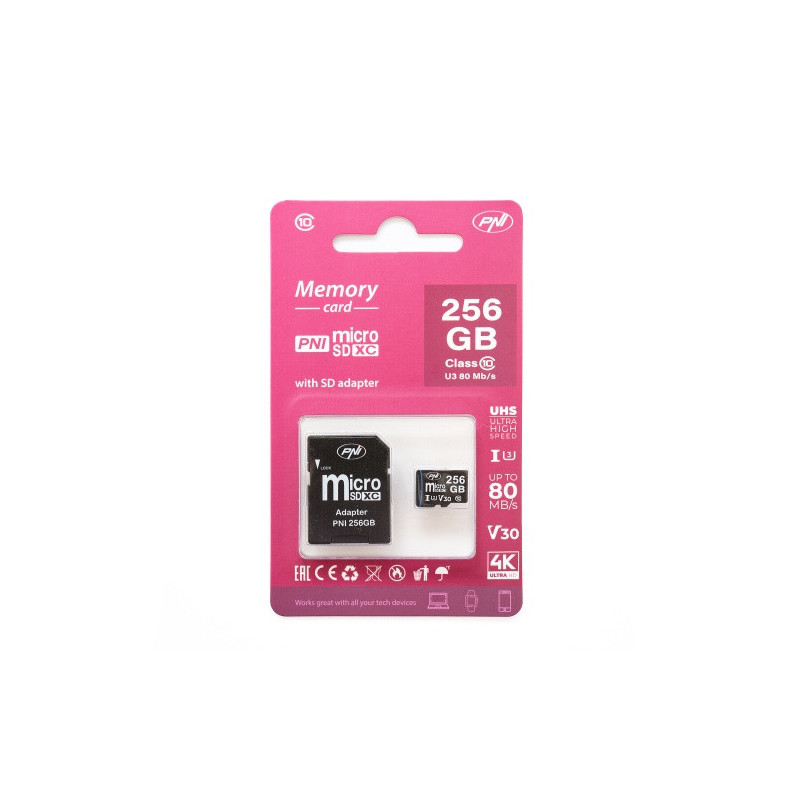 PNI 256GB MicroSD memory card with SD adapter Class 10, 80 Mb / s, V30