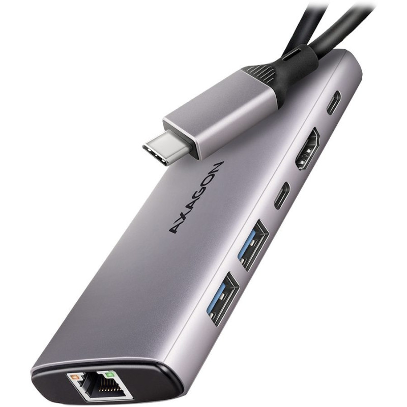 AXAGON HMC-6G2L 2 x USB-A 10 Gbps, 1 x USB-C 10 Gbps, 4K / 60 Hz HDMI, RJ-45, USB 3.2 Gen 2 šakotuvas, PD 100 W, 15 cm U