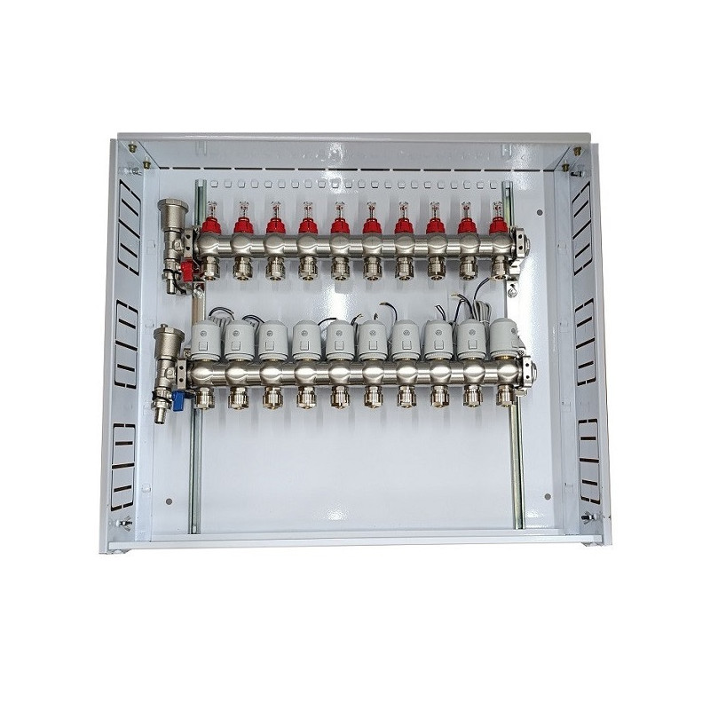 Underfloor heating manifold 10 circuits with thermal actuators NC AC230V and flow meters