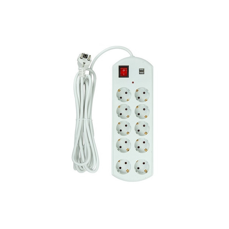 Household extension cord 5m, 10 sockets, 2x USB, with switch