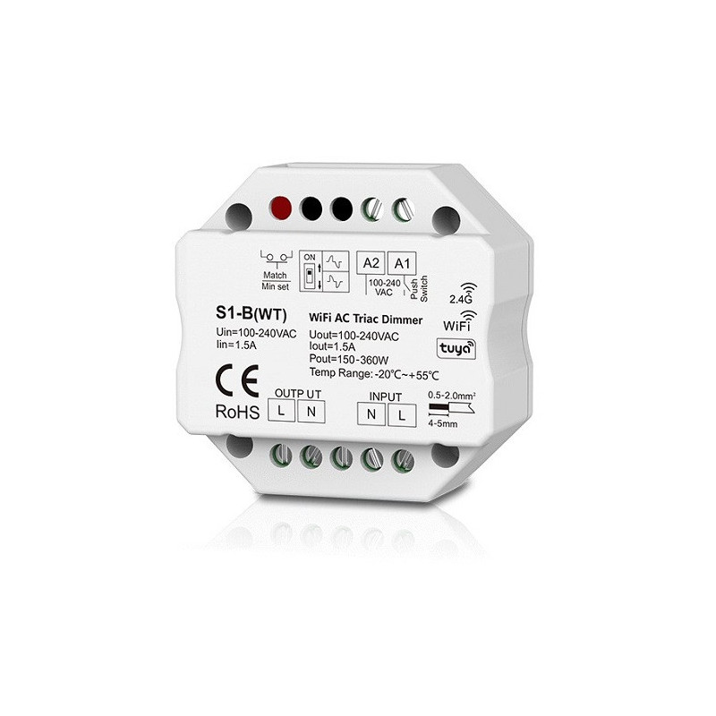S1-B(WT) single-channel 230V controller, TRIAC, Push-Dimm, Tuya, Wi-Fi