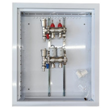 Underfloor heating manifold, 2 circuits, with thermal actuators NC AC230V and flow meters