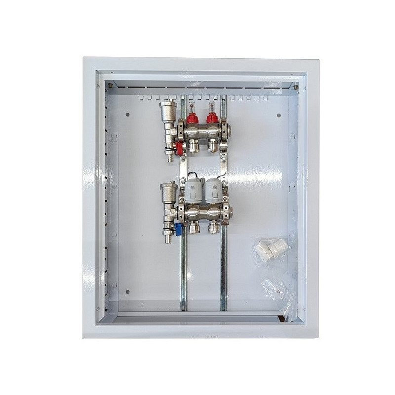 Underfloor heating manifold, 2 circuits, with thermal actuators NC AC230V and flow meters
