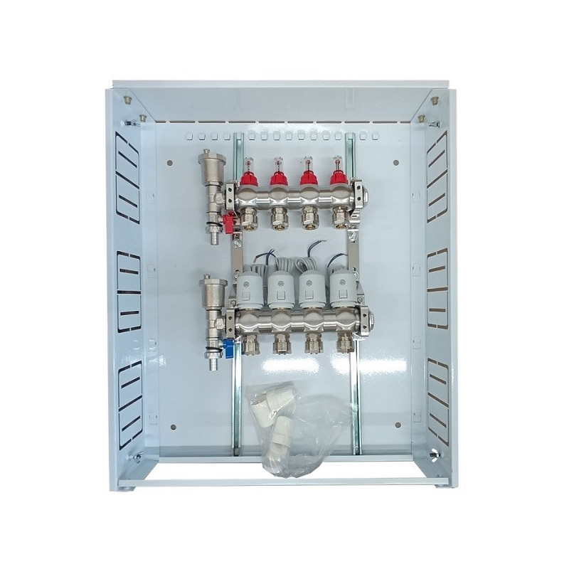 Underfloor heating manifold 4 circuits with thermal actuators NC AC230V and flow meters