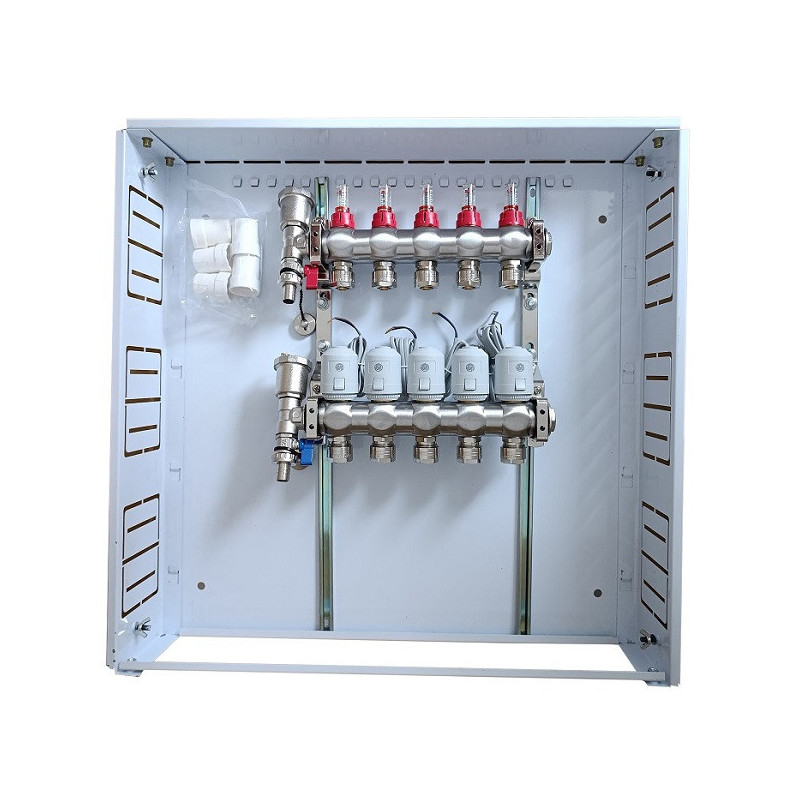 Underfloor heating manifold 5 circuits with thermal actuators NC AC230V and flow meters