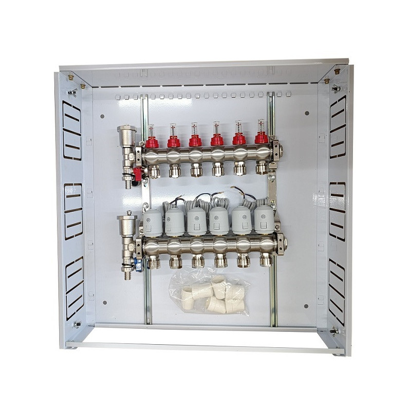 Underfloor heating manifold 6 circuits with thermal actuators NC AC230V and flow meters