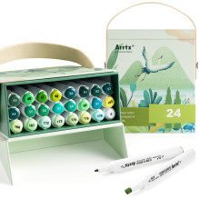 Double-sided markers - felt-tip pens ARRTX Alp, 24 colors, shades of green